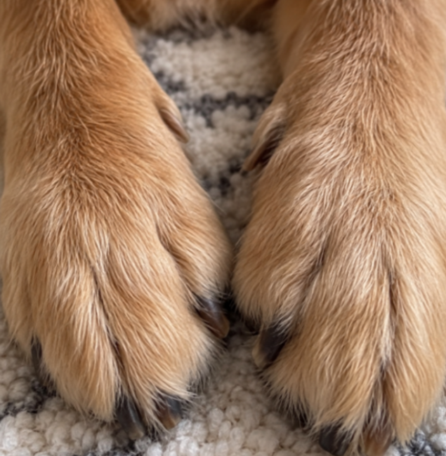 Close up of a dog’s paws on a rug