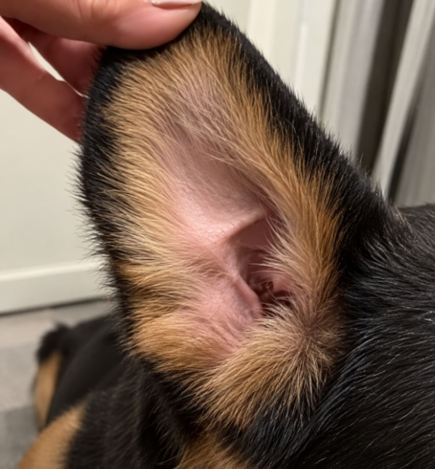 Owner gently checking a dog’s ear