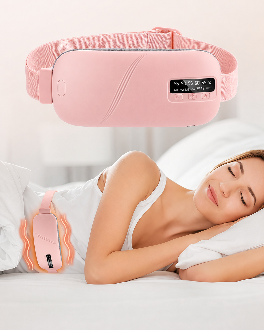 The Mira cordless heat belt worn under clothing during cramps